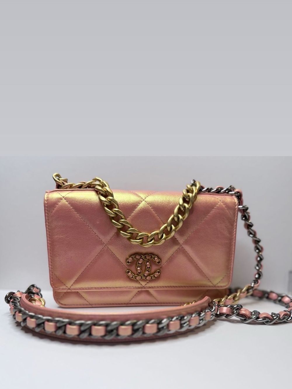 CHANEL Pink Quilted Wallet-on-Chain with Tri-Tone Hardware